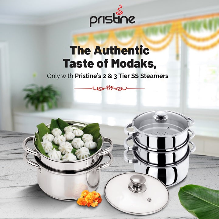 Stainless Steel Tri Ply Induction Base 3 Tier Steamer /Momo Maker, 18cm, 3 Liters